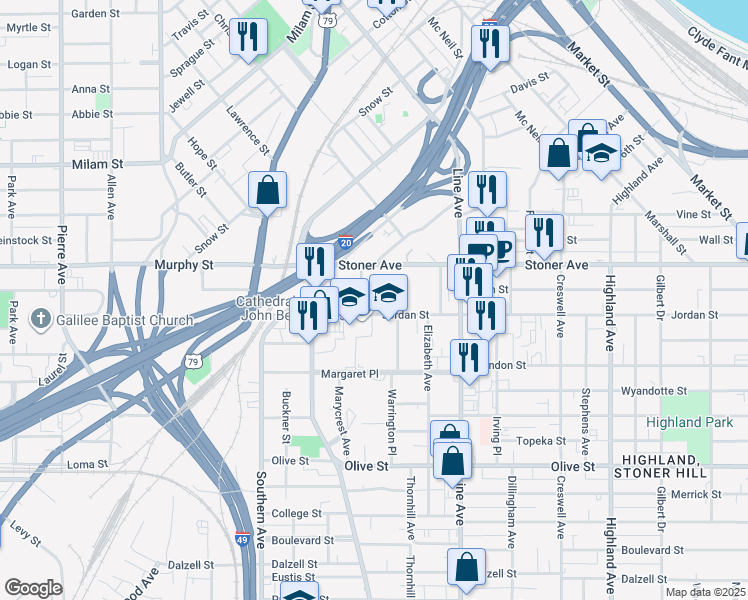 map of restaurants, bars, coffee shops, grocery stores, and more near 900 Jordan Street in Shreveport