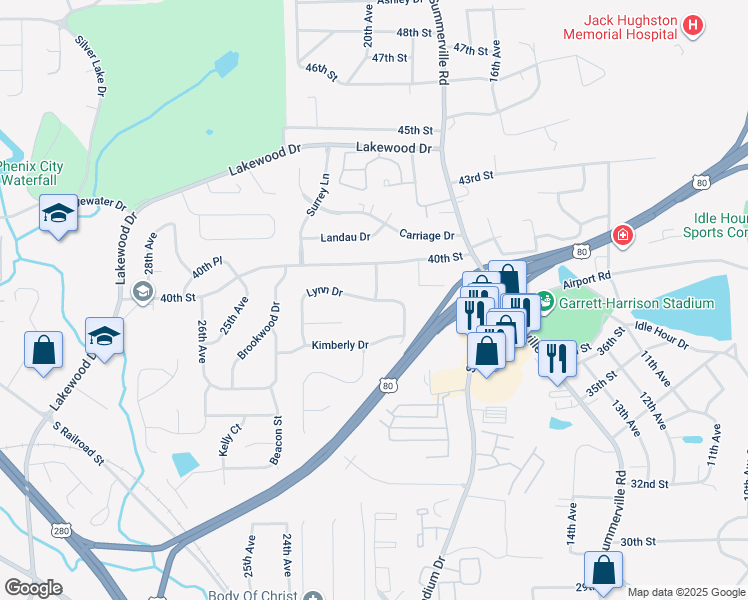 map of restaurants, bars, coffee shops, grocery stores, and more near 1804 Lynn Drive in Phenix City