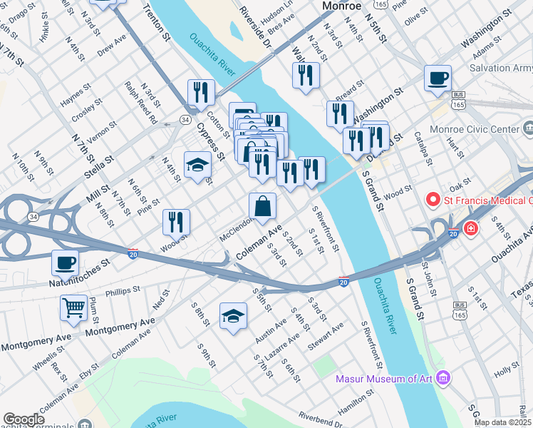map of restaurants, bars, coffee shops, grocery stores, and more near 300-398 South Railroad Avenue in West Monroe