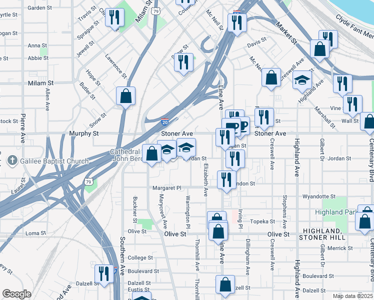 map of restaurants, bars, coffee shops, grocery stores, and more near 900 Jordan Street in Shreveport