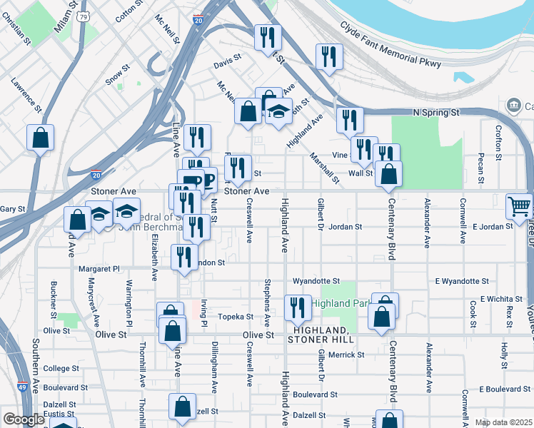 map of restaurants, bars, coffee shops, grocery stores, and more near 531 Egan Street in Shreveport