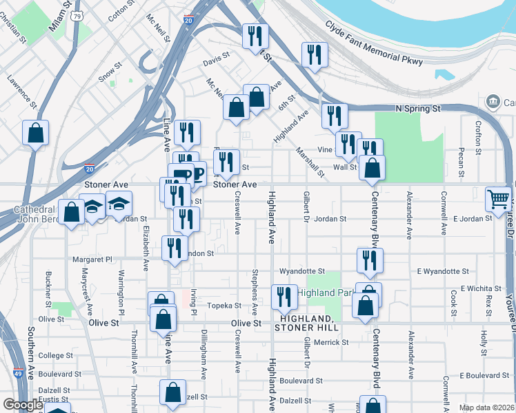 map of restaurants, bars, coffee shops, grocery stores, and more near 531 Egan Street in Shreveport