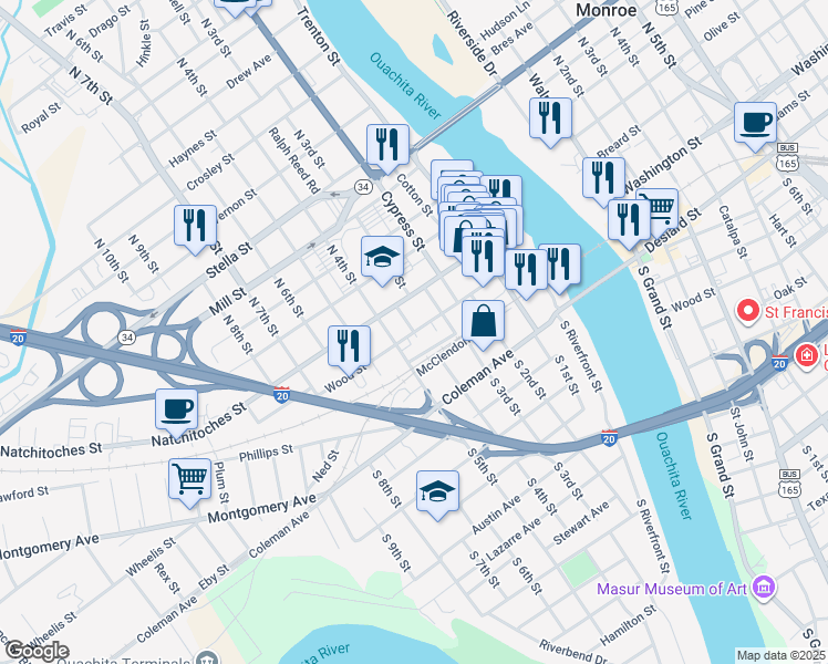 map of restaurants, bars, coffee shops, grocery stores, and more near 201 School Street in West Monroe