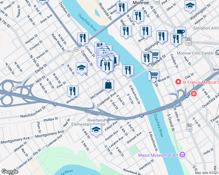 map of restaurants, bars, coffee shops, grocery stores, and more near 300-398 South Railroad Avenue in West Monroe