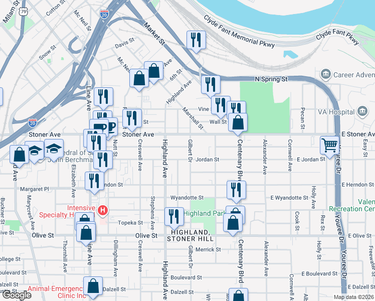 map of restaurants, bars, coffee shops, grocery stores, and more near 415 Egan Street in Shreveport
