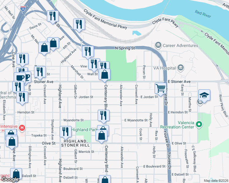 map of restaurants, bars, coffee shops, grocery stores, and more near 131 Egan Street in Shreveport