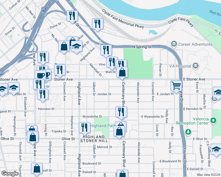 map of restaurants, bars, coffee shops, grocery stores, and more near 255 Egan Street in Shreveport