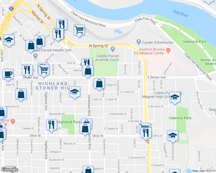 map of restaurants, bars, coffee shops, grocery stores, and more near 119 East Egan Street in Shreveport