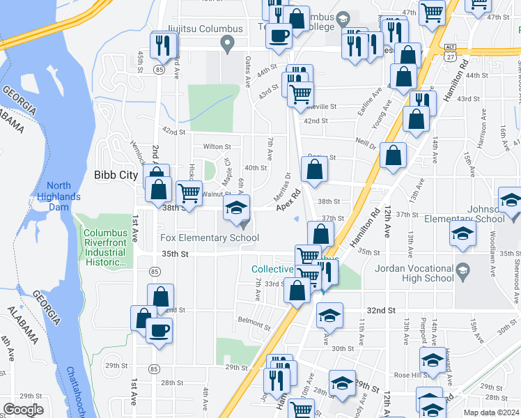 map of restaurants, bars, coffee shops, grocery stores, and more near 700 Apex Road in Columbus