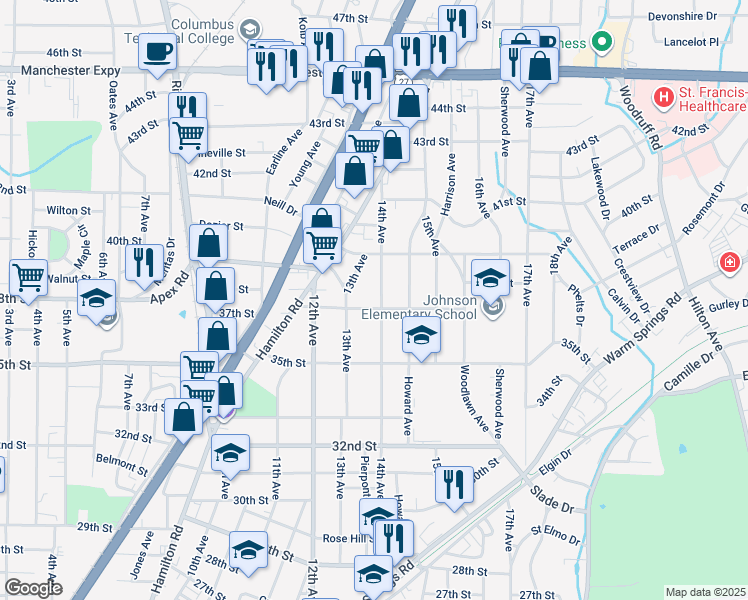 map of restaurants, bars, coffee shops, grocery stores, and more near 3705 14th Avenue in Columbus