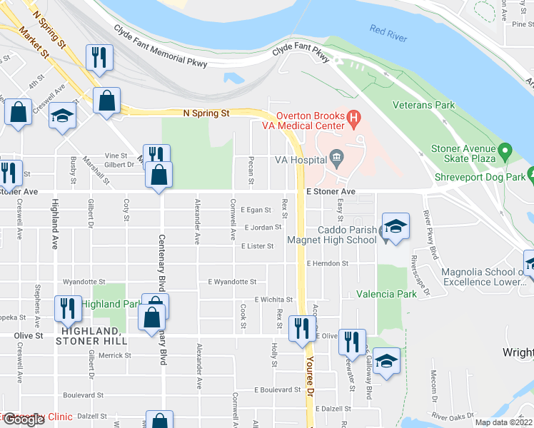 map of restaurants, bars, coffee shops, grocery stores, and more near 253 East Egan Street in Shreveport