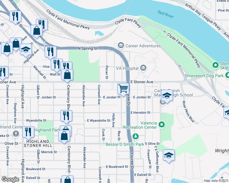 map of restaurants, bars, coffee shops, grocery stores, and more near 257 East Egan Street in Shreveport