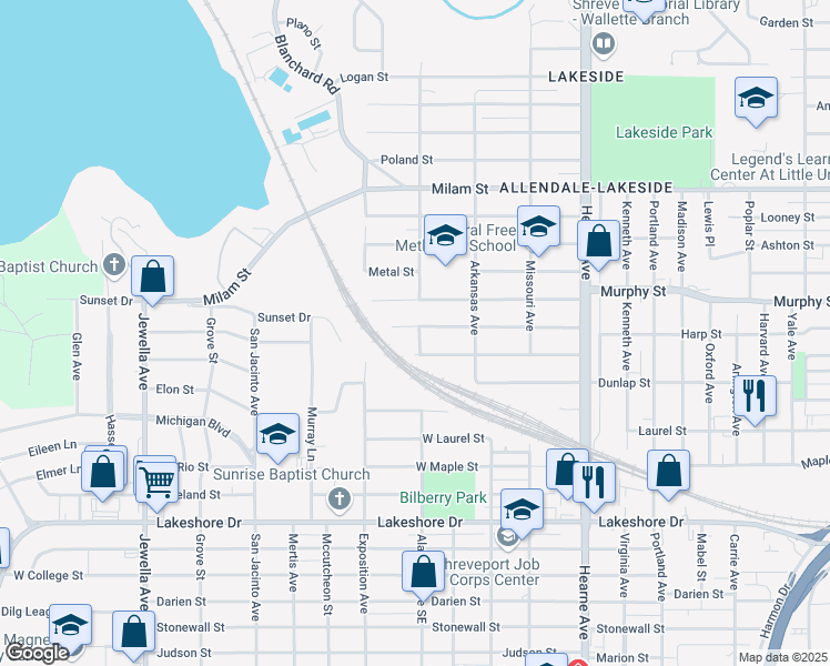 map of restaurants, bars, coffee shops, grocery stores, and more near 3127 Harp Street in Shreveport