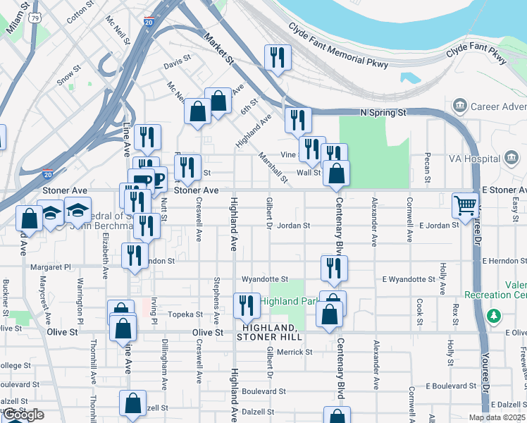 map of restaurants, bars, coffee shops, grocery stores, and more near 415 Egan Street in Shreveport