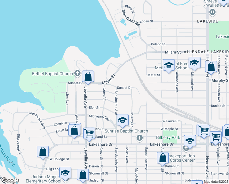 map of restaurants, bars, coffee shops, grocery stores, and more near 3502 Bellaire Avenue in Shreveport