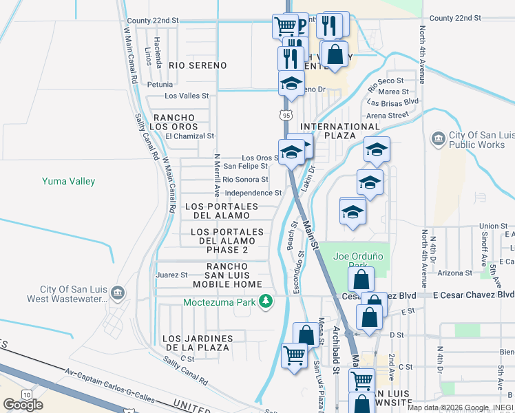 map of restaurants, bars, coffee shops, grocery stores, and more near West Adobe Street in San Luis