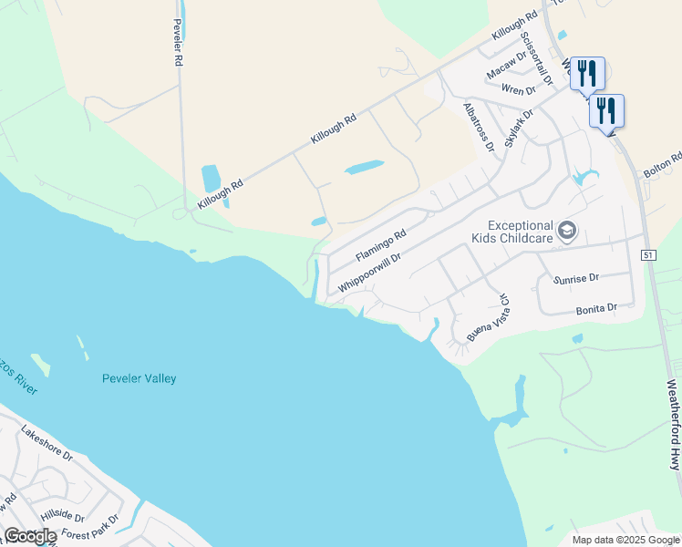 map of restaurants, bars, coffee shops, grocery stores, and more near 1015 Flamingo Road in Granbury