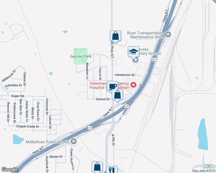 map of restaurants, bars, coffee shops, grocery stores, and more near 1420 Ridgecrest Drive in Midlothian