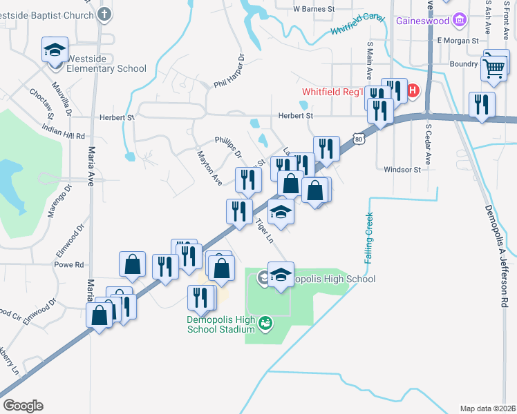 map of restaurants, bars, coffee shops, grocery stores, and more near Highway 8 in Demopolis