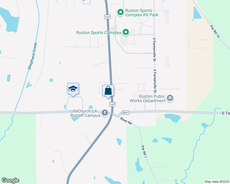 map of restaurants, bars, coffee shops, grocery stores, and more near 2700 South Vienna Street in Ruston