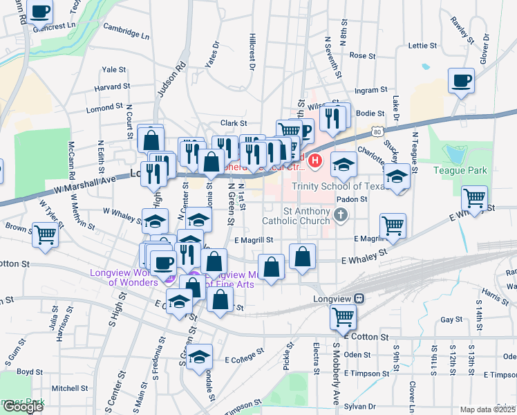 map of restaurants, bars, coffee shops, grocery stores, and more near 521 North Second Street in Longview