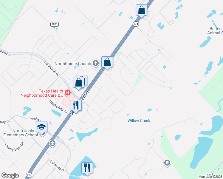 map of restaurants, bars, coffee shops, grocery stores, and more near 521 Oakbrook Drive in Burleson