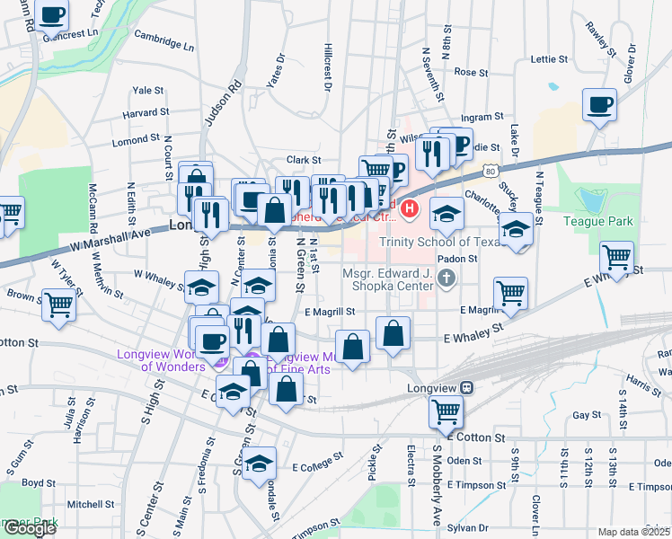 map of restaurants, bars, coffee shops, grocery stores, and more near 521 North Second Street in Longview
