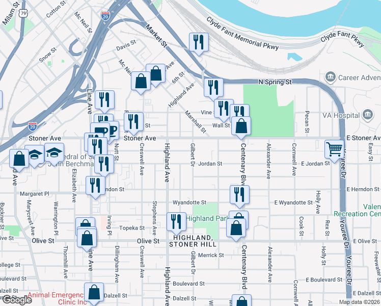 map of restaurants, bars, coffee shops, grocery stores, and more near 415 Egan Street in Shreveport