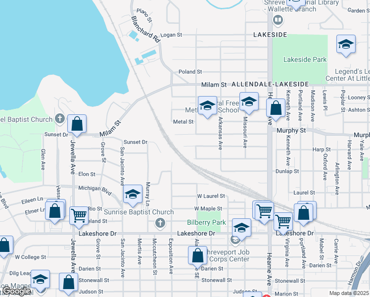 map of restaurants, bars, coffee shops, grocery stores, and more near 3127 Harp Street in Shreveport