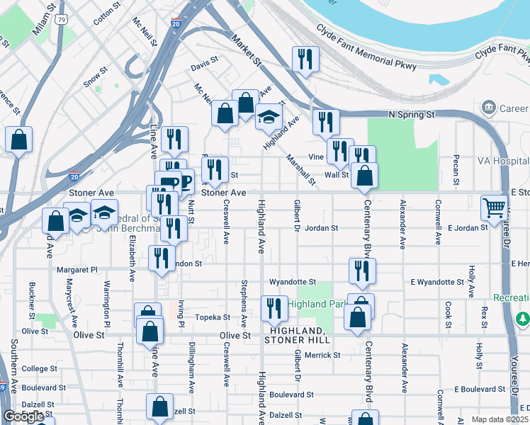 map of restaurants, bars, coffee shops, grocery stores, and more near 461 Egan Street in Shreveport