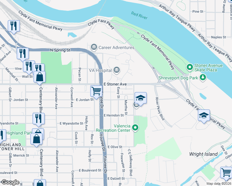 map of restaurants, bars, coffee shops, grocery stores, and more near 1402 Easy Street in Shreveport