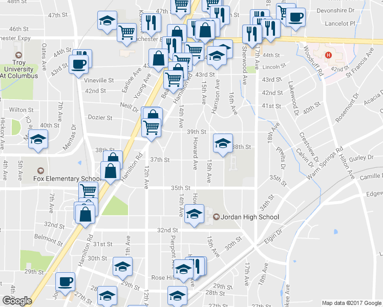 map of restaurants, bars, coffee shops, grocery stores, and more near 3711 Howard Avenue in Columbus