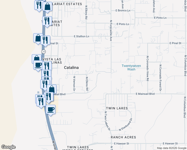 map of restaurants, bars, coffee shops, grocery stores, and more near 16140 North Elkins Road in Tucson