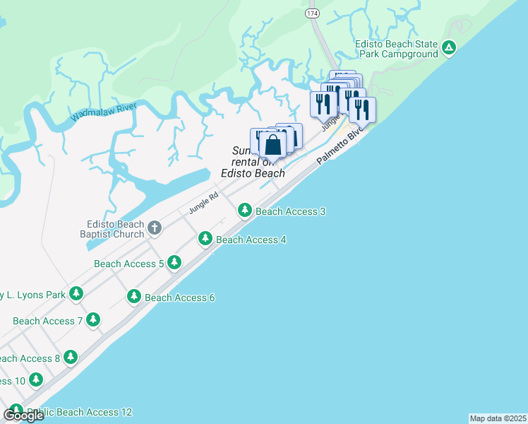 map of restaurants, bars, coffee shops, grocery stores, and more near 212 Palmetto Boulevard in Edisto Island