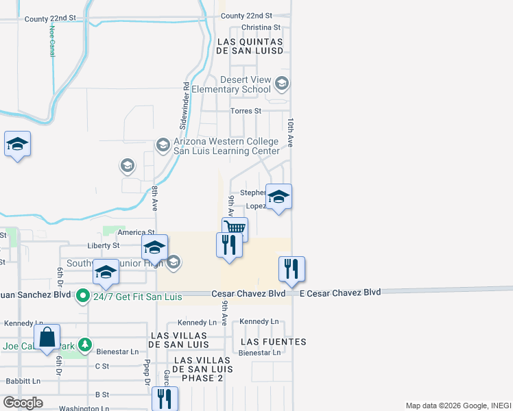 map of restaurants, bars, coffee shops, grocery stores, and more near Villareal Avenue in San Luis