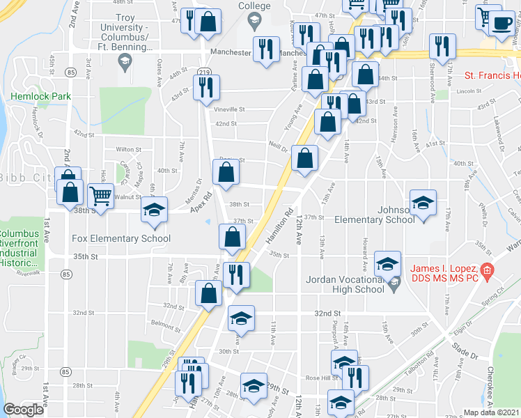 map of restaurants, bars, coffee shops, grocery stores, and more near 1028 38th Street in Columbus