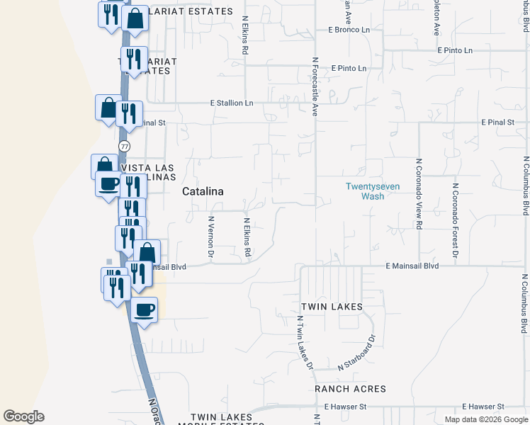 map of restaurants, bars, coffee shops, grocery stores, and more near 16140 North Elkins Road in Tucson