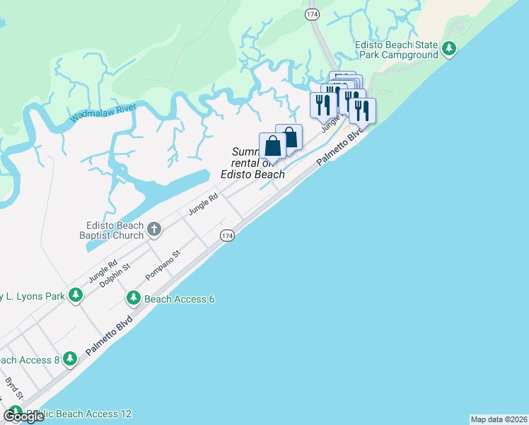 map of restaurants, bars, coffee shops, grocery stores, and more near 212 Palmetto Boulevard in Edisto Island