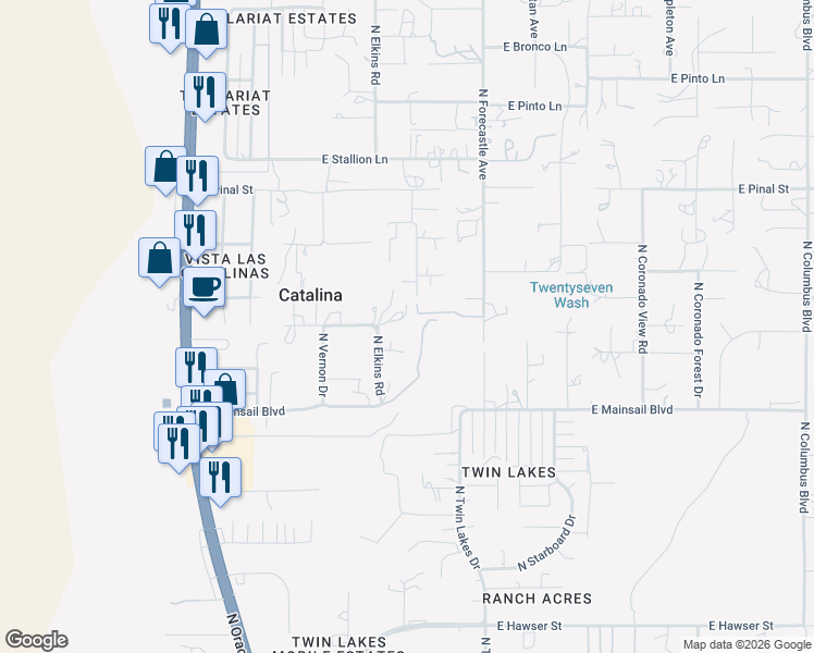 map of restaurants, bars, coffee shops, grocery stores, and more near 16140 North Elkins Road in Tucson