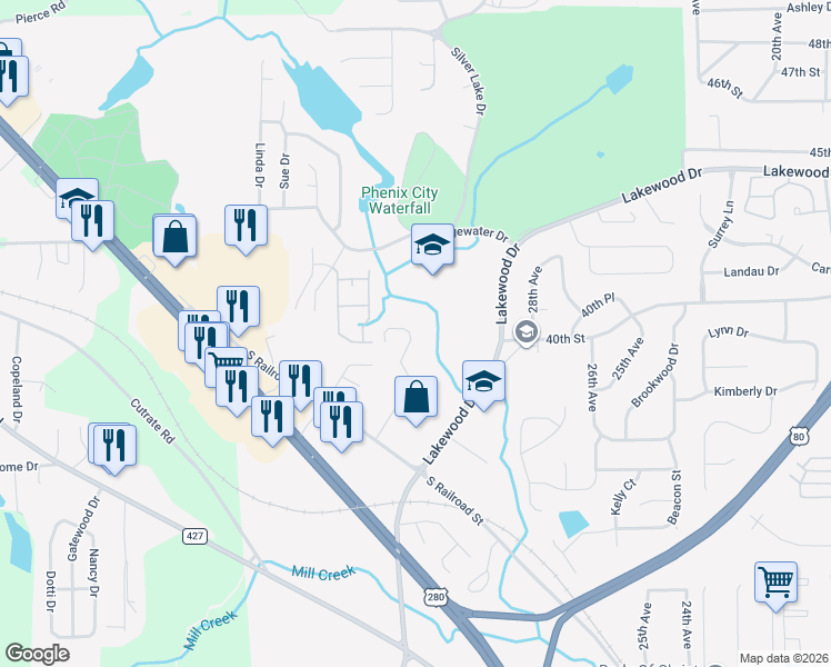 map of restaurants, bars, coffee shops, grocery stores, and more near 3716 Holland Court in Phenix City