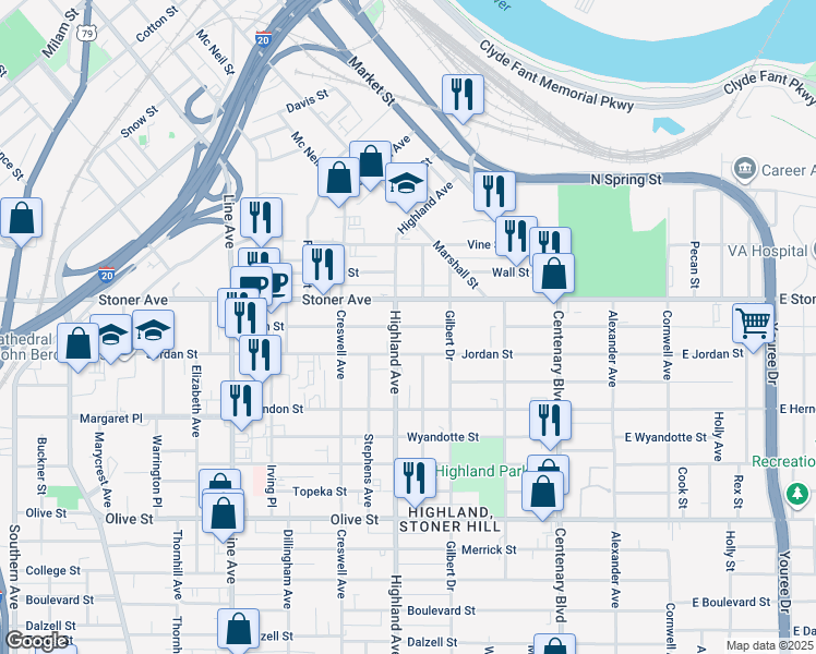 map of restaurants, bars, coffee shops, grocery stores, and more near 447 Egan Street in Shreveport