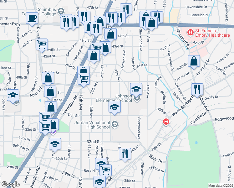 map of restaurants, bars, coffee shops, grocery stores, and more near 3707 15th Avenue in Columbus