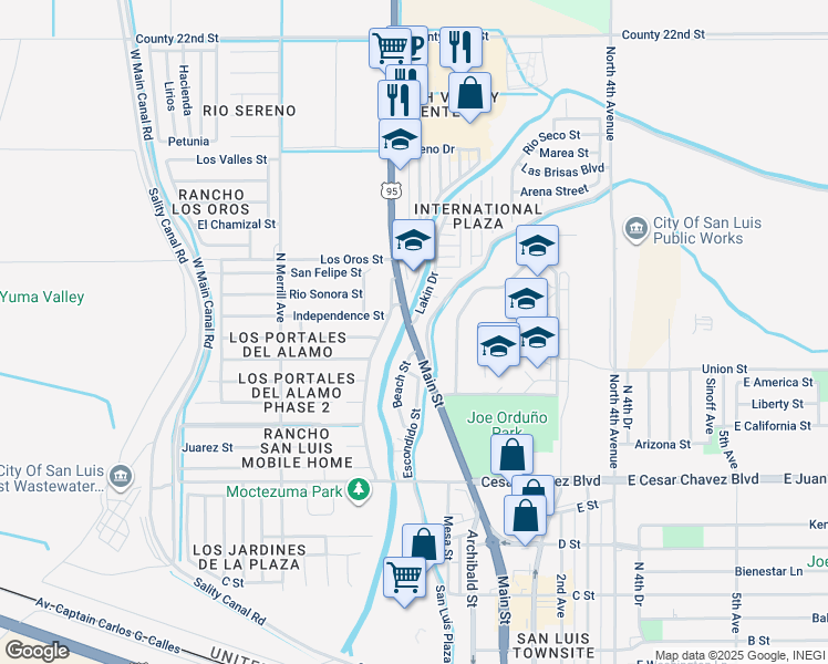 map of restaurants, bars, coffee shops, grocery stores, and more near U.S. Route 95 in San Luis