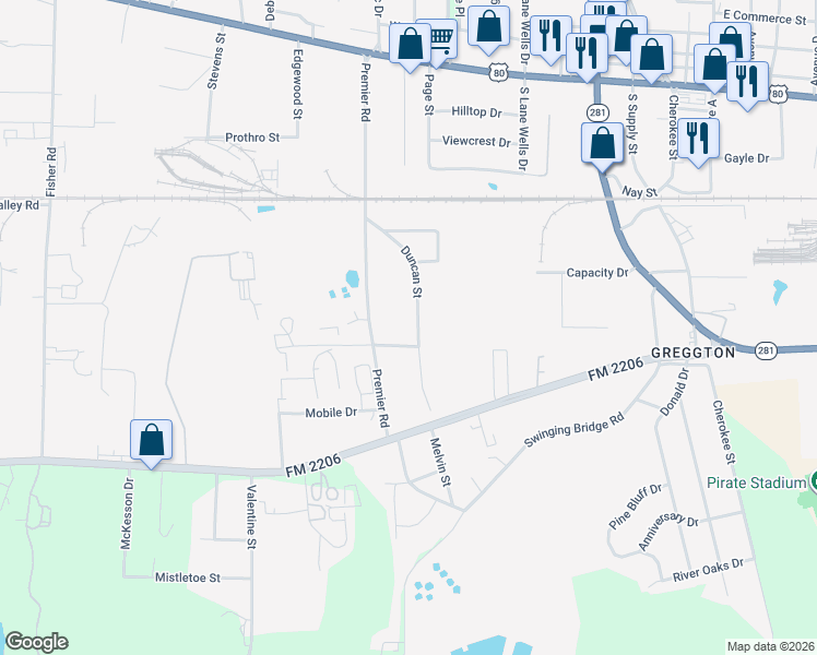 map of restaurants, bars, coffee shops, grocery stores, and more near 709 Duncan Street in Longview