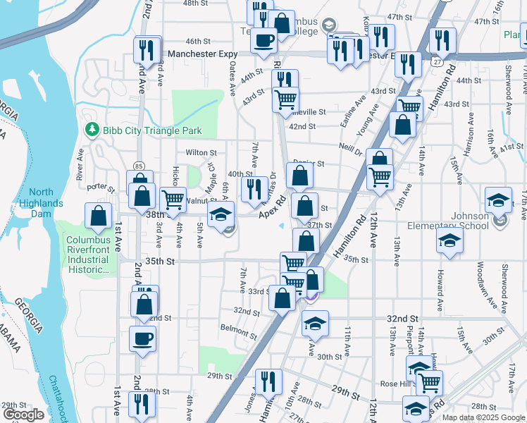 map of restaurants, bars, coffee shops, grocery stores, and more near 719 Apex Rd in Columbus