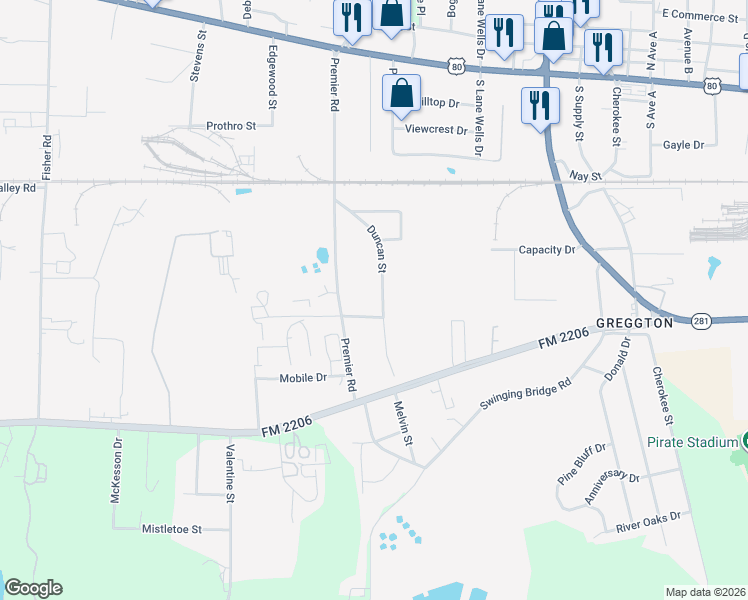 map of restaurants, bars, coffee shops, grocery stores, and more near 709 Duncan Street in Longview