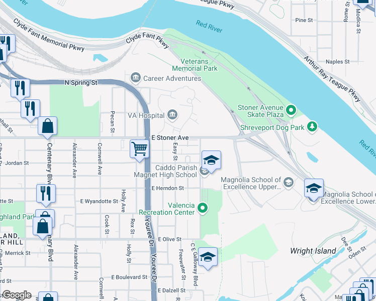 map of restaurants, bars, coffee shops, grocery stores, and more near 541 East Stoner Avenue in Shreveport