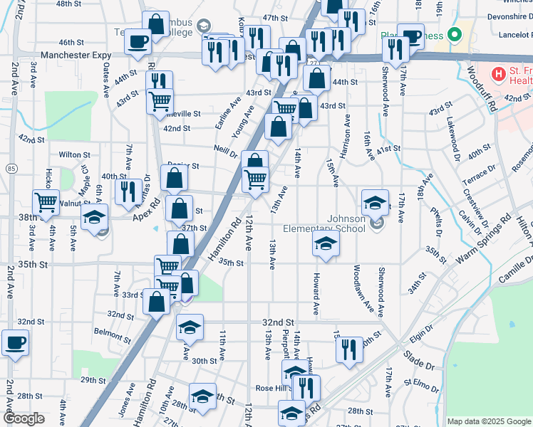 map of restaurants, bars, coffee shops, grocery stores, and more near 3715 13th Avenue in Columbus