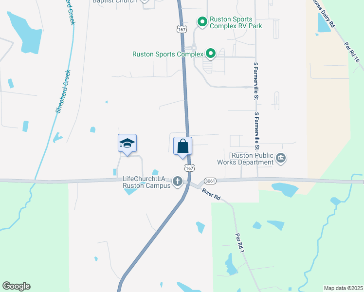 map of restaurants, bars, coffee shops, grocery stores, and more near 2700 South Vienna Street in Ruston