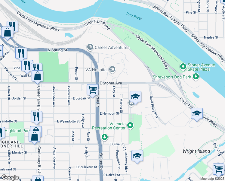 map of restaurants, bars, coffee shops, grocery stores, and more near 1402 Easy Street in Shreveport
